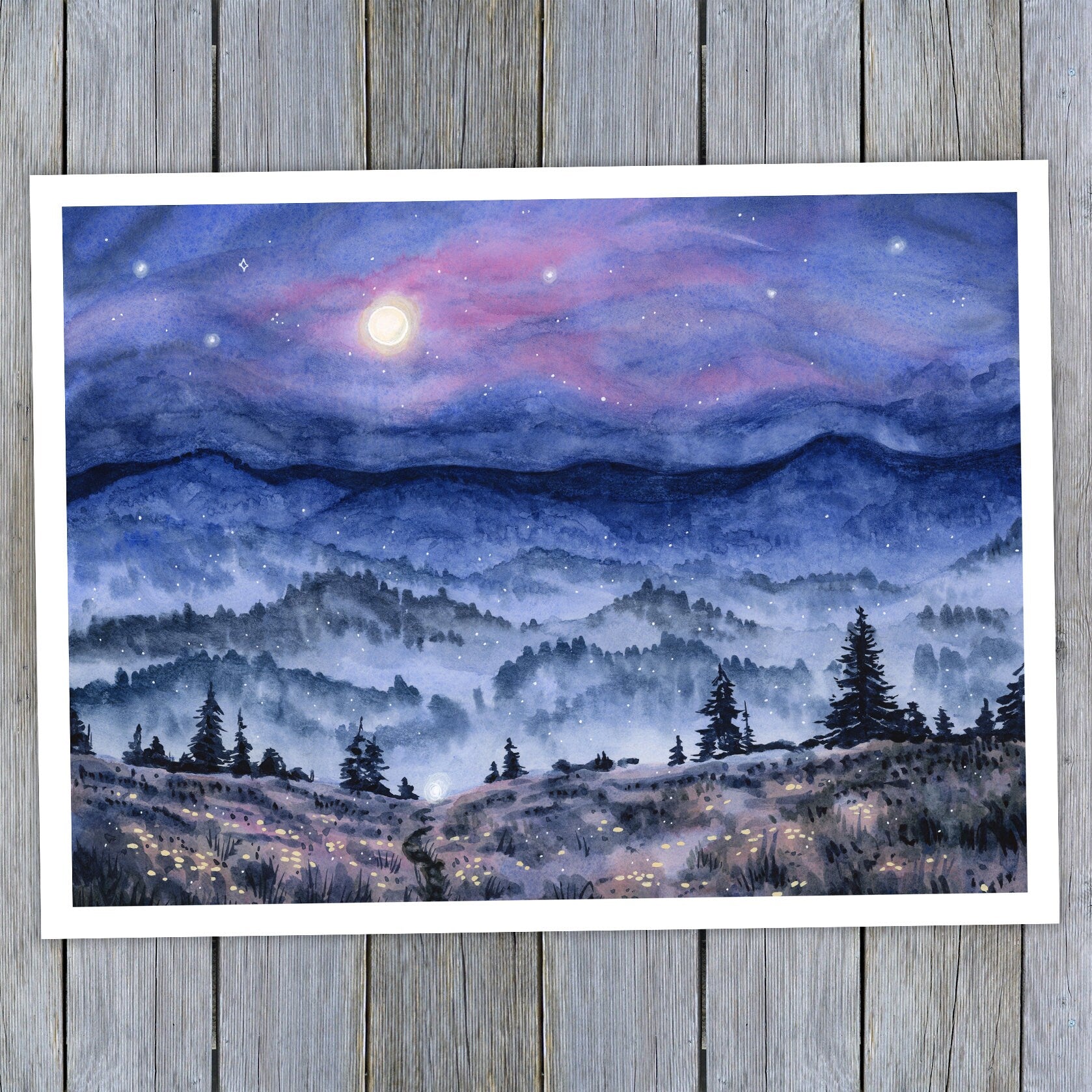 Midnight Hike - Fine Art Print of Watercolor Painting