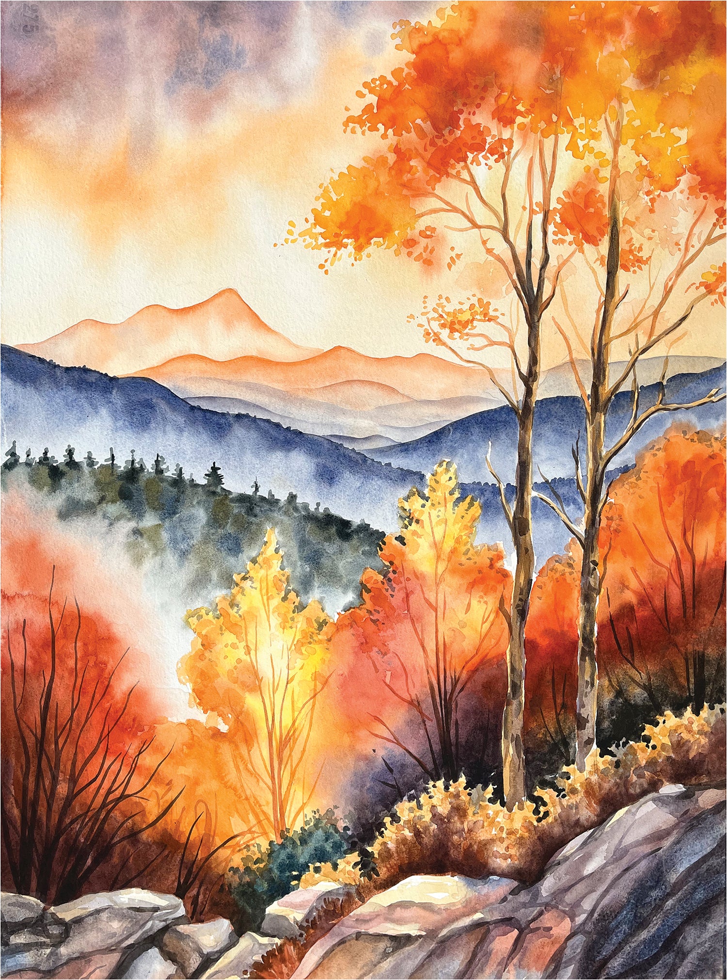 Autumn Blaze - Fine Art Print of Watercolor Painting - Blue Ridge Mountains Decor