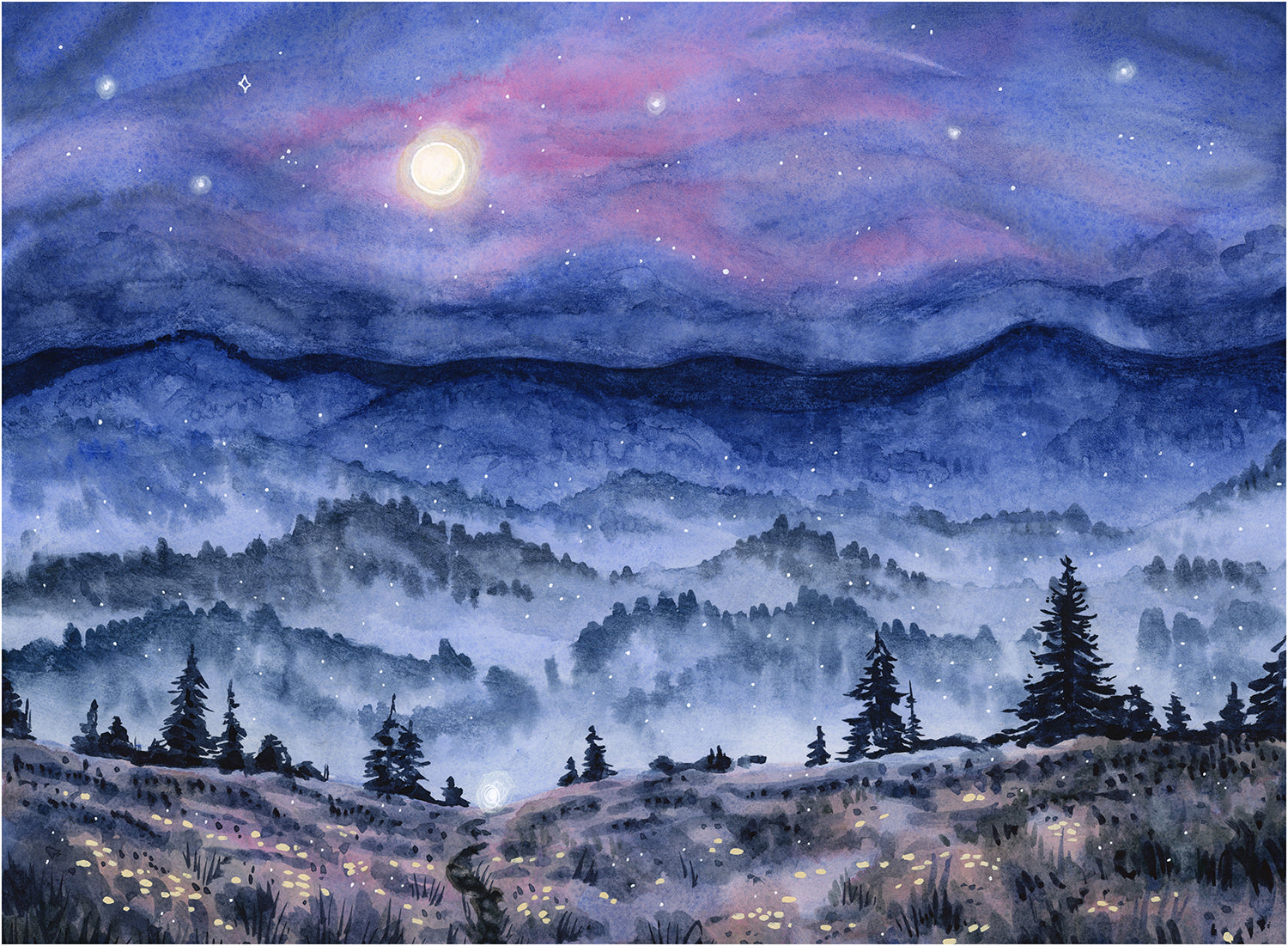 Midnight Hike - Fine Art Print of Watercolor Painting